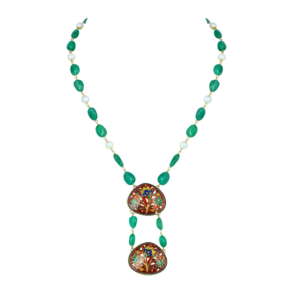 Emerald and Pearl Necklace with Dual Polki Pendants